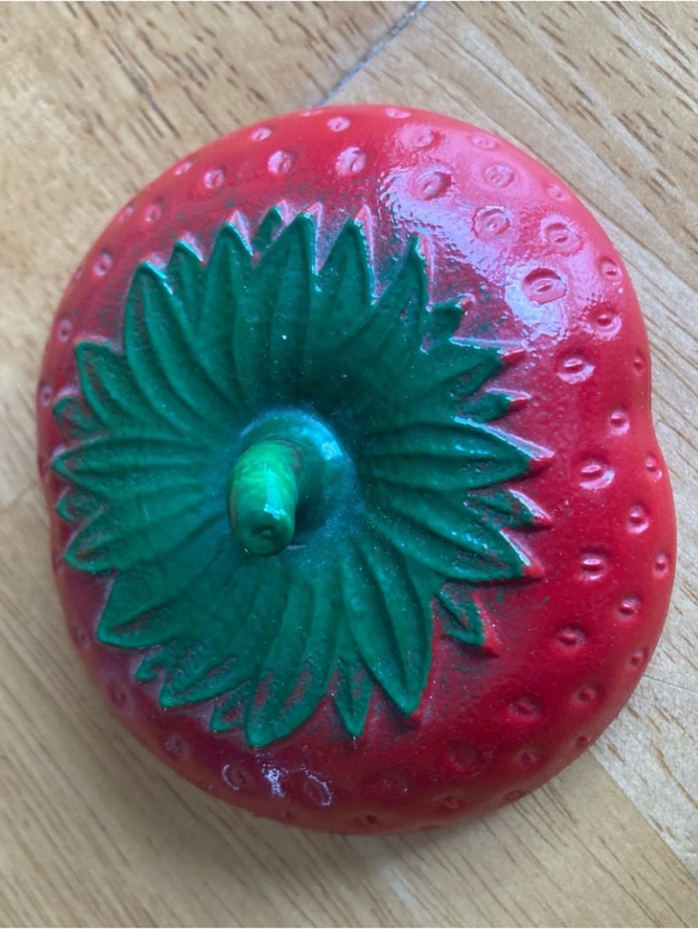 Vintage Glossy Red Strawberry Trinket Jar Green Stem Lid Ceramic EUC - Picture 5 of 12